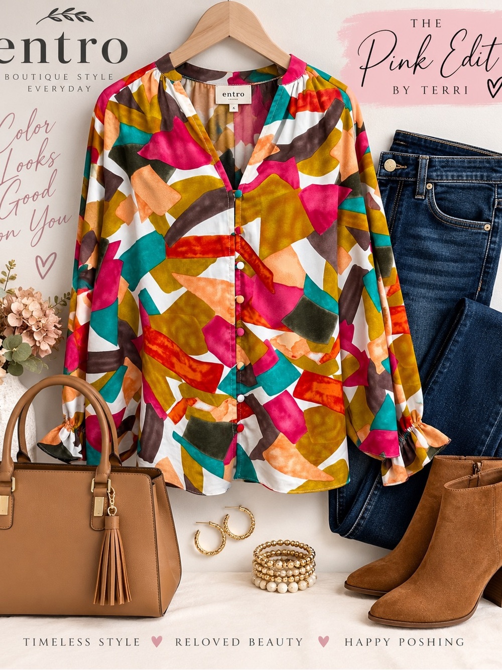 Entro Lily Geo Print Multicolor Oversized Button Blouse S Fits Larger